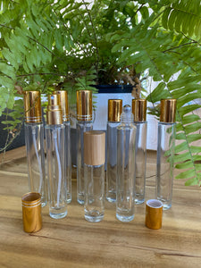 Clear Tall 10ml Roller bottles with Gold Cap
